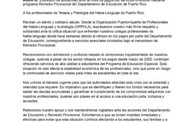 Expresión de solidaridad ante la crisis de pagos por servicios ofrecidos mediante programa Remedio Provisional del Departamenro de Educación de Puerto Rico