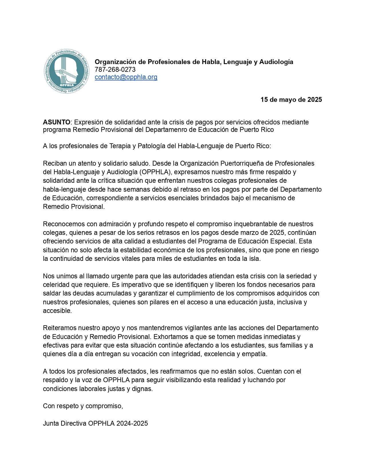 Expresión de solidaridad ante la crisis de pagos por servicios ofrecidos mediante programa Remedio Provisional del Departamenro de Educación de Puerto Rico